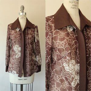 Vintage 1970s Shirt, Dagger Collar Floral Print Open Blouse or Jacket